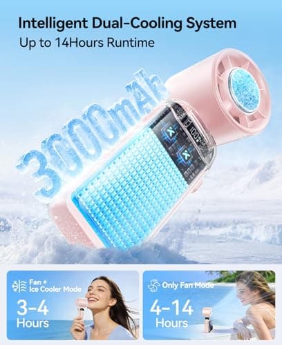 KIMMOO Handheld Portable Turbo Fan with Ice Cooler, Powerful 21000 RPM, Speed (1-199), Up to 14Hrs Cooling, Rechargeable Personal Fan, Small Pocket Hand Fans for Travel/Outdoor/Home/Office (Pink) — view 6