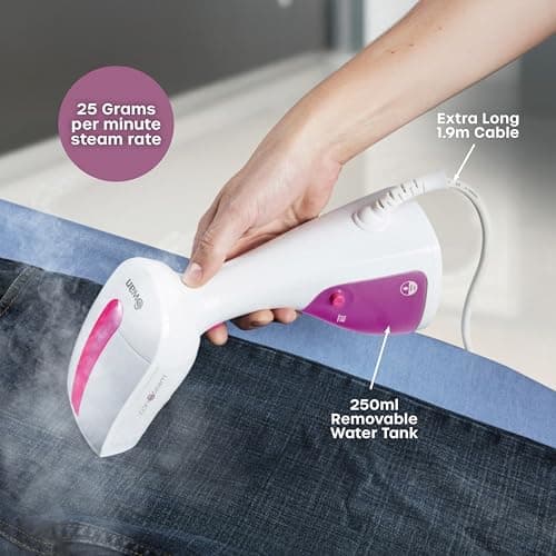 Swan SI12020N Handheld Garment Steamer, Lightweight, Removable Fabric Brush, Extra-Long 1.9m Power Cable, 1100W, 250ml Water Tank,White and Pink — view 4