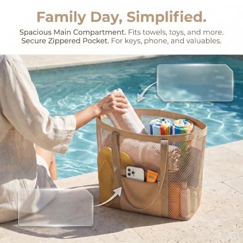 Wrbugukeji Mesh Beach Bag, Stylish Beach Tote for Swimming(Brown) — view 4