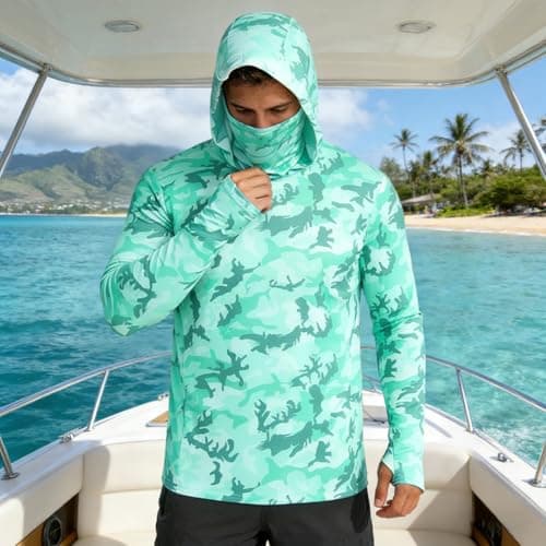 UPF 50+ Hoodie Men's Long Sleeve Rash Guard Breathable UV Shirt with Mask, mint green, M — view 2