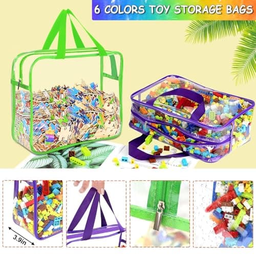 6 Pcs Toy Storage Bags with Handles 11.8x8.7x3.9 Inch-Clear PVC Organizing Bags with Zipper Reusable Waterproof Toy Container-Travel Case Pouch for Building Blocks Puzzle (6 Colors) — view 5
