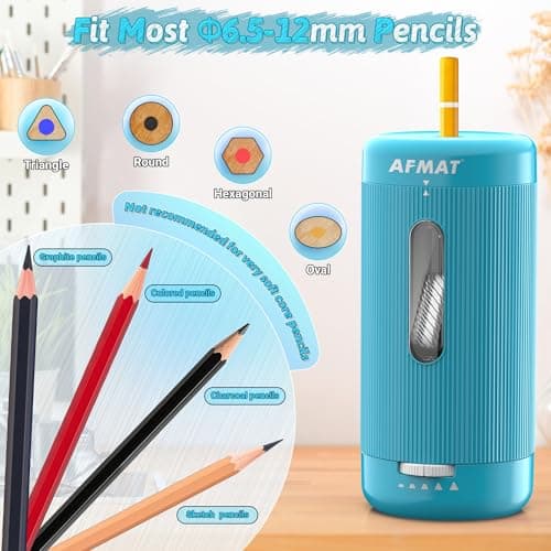 AFMAT Fully Automatic Electric Pencil Sharpener, Auto in & Out, Rechargeable Hands-Free Pencil Sharpeners for Jumbo&Colored Pencils (6.5-12mm), Portable for Home/Classroom/Office, Cyan, PSC3 — view 4