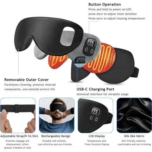 Heated Eye Mask, Light Blocking Warming Eye Mask for Dry Eyes, Black — view 5