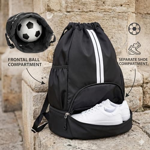 Black Unisex Drawstring Backpack with Shoe Compartment, Water Resistant — view 4