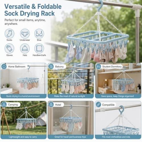 Sock Hangers For Drying with 32Clips,Collapsible 360°Rotating Sock Hanger — view 3