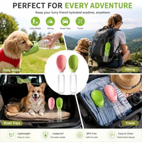 Dog Water Bottle for Walking, Portable Pet Water Bottle for Dogs & Cats, Waters Dispenser for Travel Hiking, Leakproof Silicone Pet Drinking Cup, Universal Plastic Bottles Attachment (Red & Green) — view 6