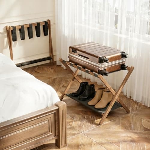 BAMBOOHOMIE Bamboo Luggage Rack for Guest Room, 26.77" Folding Wide Suitcase Stand with Fabric Storage Shelf, Luggage Stand Holder for Bedroom Hotel, Luggage Rack for Suitcases (2 Pack - Tea brown) — view 4
