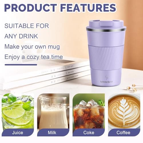 MOMSIV Coffee Cup, Insulated Coffee Cup with Leakproof Lid, Non-Slip Vacuum Reusable Stainless Steel Eco-Friendly Travel Office Mug for Hot and Cold Water Coffee and Tea, 380ml/13oz(Purple) — view 4