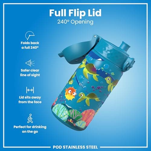 Ion8 Vacuum Insulated Steel Water Bottle, 320 ml/11 oz, Leak Proof, Easy to Open, Secure Lock, Dishwasher Safe, Carry Handle, Metal Water Bottle, ThermoShield Stainless Steel, Sea Turtle — view 4