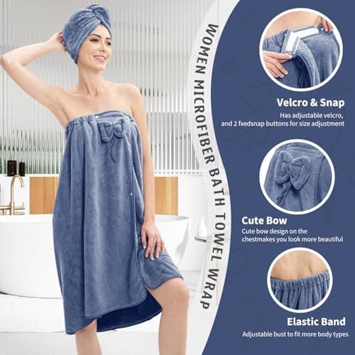 Women's Bath Towel Wrap with Hair Towel, Adjustable Soft Microfiber – Blue — view 3