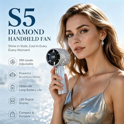 Glitter Diamond-Design Handheld Fan, Portable Turbo Fan with 100-Speed Adjustable Airflow, 1800mAh Rechargeable Mini Fan with LED Display, Quiet Personal Cooling Fan for Travel Office Outdoor (Silver) — view 3