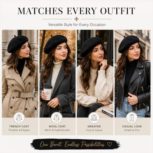 ITRAT Women's Beret Hat – Classic French Style Beret for Women, Soft Warm Wool Blend Ladies Fashion Hat, Elegant Parisian Winter Autumn Cap for Casual, Travel & Everyday Wear (Black) — view 5