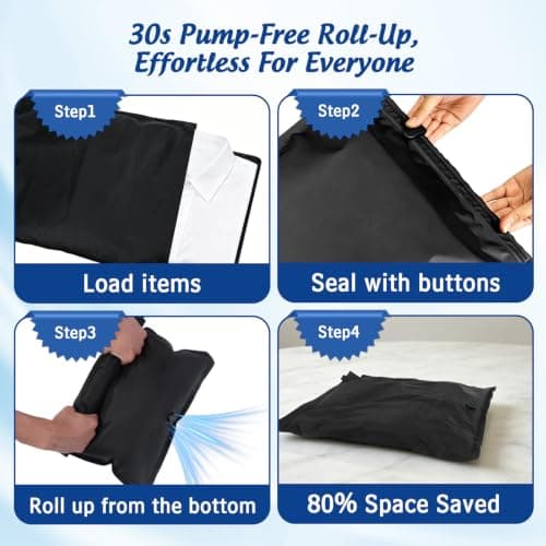 Vacuum Storage Bags for Travel, 2 Pack Reusable Compression Bags, Oxford Cloth Travel Vacuum Bags No Pump, Manual Roll-Up Space Saver for Clothes, Luggage, Suitcase (Black, 30x40+40x50cm) — view 4