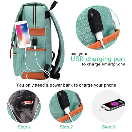 MODOKER Vintage Women Laptop Backpack with USB Charging Port, School College Backpack for Women Men Fashion Backpack Fits 15.6Inch Notebook, Slim Casual Travel Daypack Bookbag Green — view 4