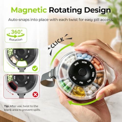 AUVON Travel Weekly Pill Organiser, One-Time Refill Design, Carry Handle | Portable Pill Box 7 Day 1 Times a Day with Magenetic Rotating Design, Tablet Organiser for Fish Oils, Vitamins, BPA-Free — view 2