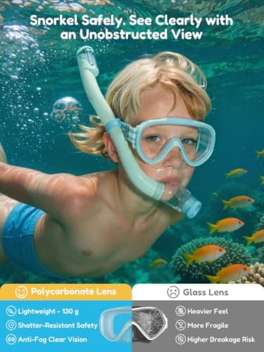 ACURE Kids Swim Goggles for Boys Girls Ages 3-14, Anti-Fog Snorkel Mask Set with Nose Cover and Fabric Strap Children Diving Mask in Swimming Pool for Youth (Blue & Mint/Blue, Mask & Snorkel Set) — view 3
