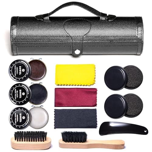 YUET Shoe Polish Kit Cleaning Shine Care Barrel Set For Brown Black Leather With Brush Travel Case Luxury Premium Soft Horsehair Bristle Dauber, Wooden Applicator, Shoehorn, Cloth 12 Piece (Black)