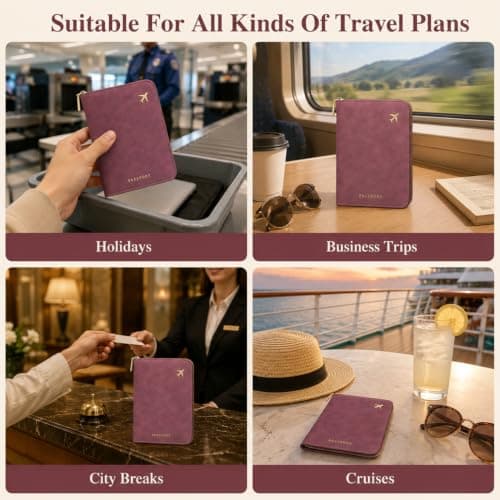 RFID Blocking Zip Passport Holder, Suede Faux Leather Travel Wallet, Anti Theft Multi Slot Passport Cover with Card Cash Ticket Slots, Plane Embossed Travel for International Trips, Dusty Rose Pink — view 6