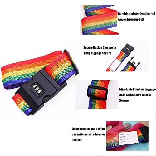 Heavy Duty Non Slip Luggage Straps for Suitcases Packing Belts Travel Accessories Adjustable Bag Strap Rainbow Colour (2 x Rainbow Straps with Lock) — view 4