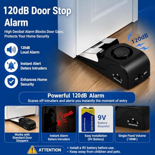 Portable Door Lock Travel Safety Kit, Hotel Security Device with 2 Door Wedge Alarm 120dB Adjustable Sensitivity Non Slip Stopper for Hotel Room Home Apartment Solo Travelers Protection — view 3