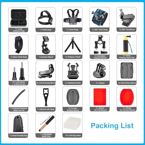 Artman Action Camera Accessories Kit 60-In-1 for Hero 13 12 11 10 9 Insta360 X5 X4 X3 X2 GO3S DJI OSMO Action 6 5pro 4 Osmo 360 SJCAM DBPOWER AKASO VicTsing APEMAN WiMiUS QUMOX Lightdow Sony Sports DV — view 2