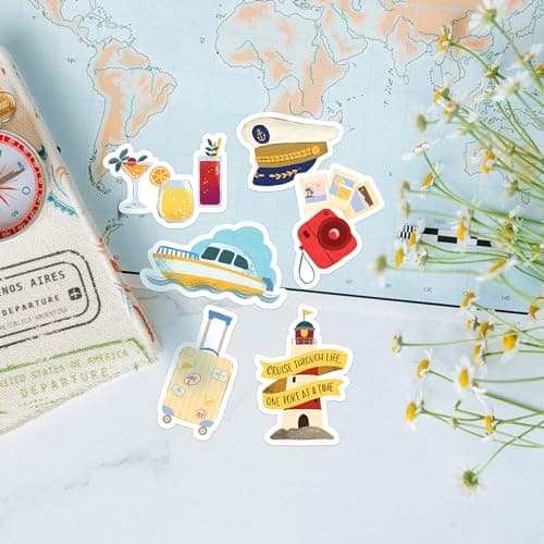 Navy Peony Relaxing Cruise Travel Stickers (30pcs) - Watercolor, Waterproof Cruise Ship Decals for Journals, Scrapbooks, Water Bottle, Suitcase — view 3