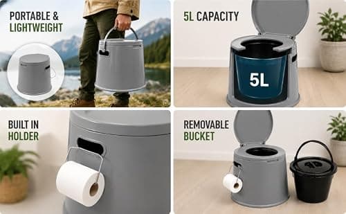 5L Portable Camping Toilet with Lid & Removable Bucket – Lightweight Travel Toilet for Adults with Paper Holder & Carry Handles – Compact Outdoor Toilet for Camping, Caravan, Festival & Emergency Use — view 4