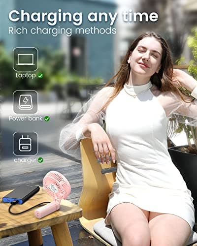 EasyAcc Handheld Fan USB Fans Portable Hand Fan 3 Speeds 180° Foldable with 6 Blades Personal Electric Mini Outdoor Fan with Rechargeable Battery Foldable Handle Desktop for Home Travel Outdoor - Pink — view 4