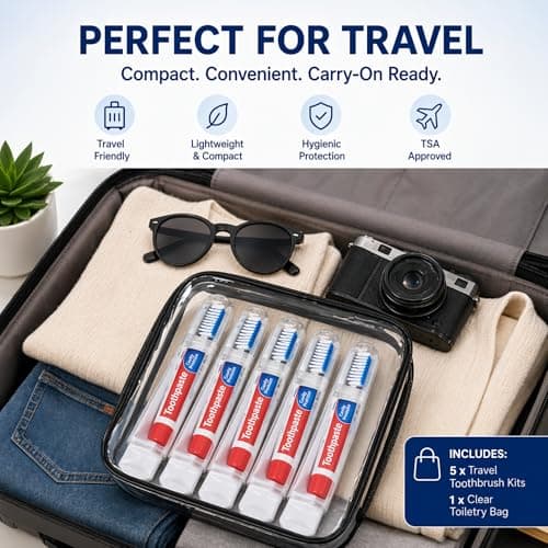 Travel Toothbrush Set of 5 with Mini Toothpaste & Clear Waterproof PVC Bag – Portable Compact Toothbrush Kit for Travel, Holidays, Camping, Business Trips, Gym, Overnight Stays & Family Use — view 3