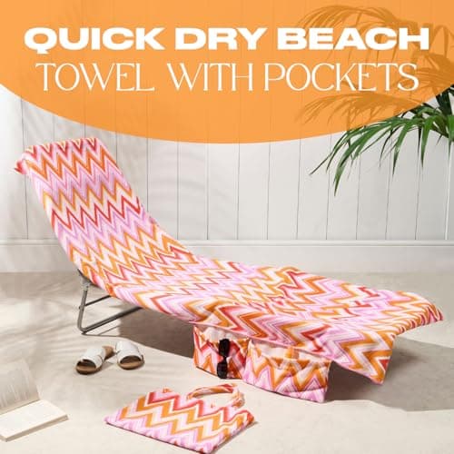 Brentfords Sun Lounger Towels with Pockets, Soft Quick Dry Towel Absorbent Lightweight Large Beach Towel in a Bag for Travel Poolside Beach Days Holiday Accessories, 75 x 215cm - Orange Zigzag — view 2