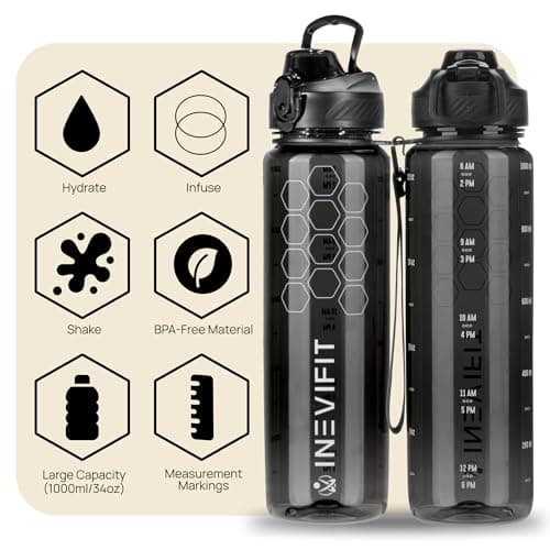 INEVIFIT 3-in-1 Sports Water Bottle 34oz 1L Hydration Tracking Water Bottles with Daily Time Marker BPA Free Tritan Leak Proof with Fruit Infuser Filter, Mixer Ball, Insulating Sleeve & Carrying Strap — view 6