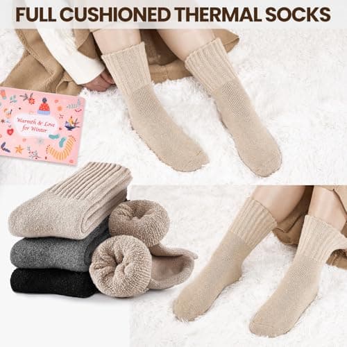 Niorasen Thermal Socks for Women, 3 Pairs Wool Winter Warm Thick Socks, Full Cushioned Cosy Comfy Ladies Hiking Walking Boot Crew Sock with Gifts Box, 4-8 Black DarkGrey Apricot — view 2