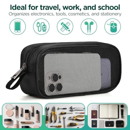 Portable Travel Organiser Bag – Slim Mesh Compact Case for Charger, Cables & Power Bank & Electronics & Accessories (Black) — view 2