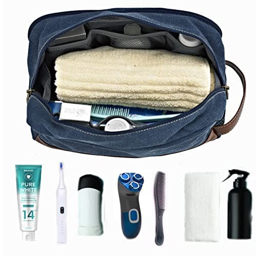 Seemeroad Travel Toiletry Bag for Men and Women, Canvas Toiletry Organizer Water-Resistant Vegan Leather, Hanging Dopp Kit Shaving Bag for Toiletries Accessories (Blue, Large) — view 5