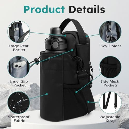 Alaoo Travel Water Bottle Bags, Water Bottle Carrier Bag for Hiking, Magnetic Gym Bag with Man and Woman for Outdoor, Climbing, Walking, Fitness, Black — view 3