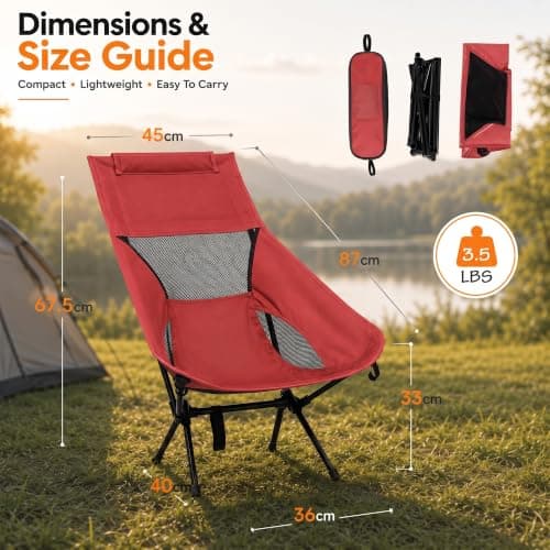 HomlyPro High Back Camping Chair with Wide Feet & Carry Bag, Pack of 1 - Ultra Lightweight & Compact Foldable Chair for Adults, Ideal for Beach, Garden, Picnic, Fishing & Travel (Red) — view 2