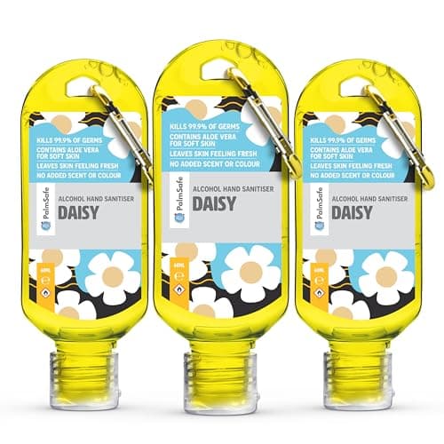 Palm Safe Daisy 3 Pack 60ml Anti Bacterial Premium Hand Sanitiser Travel Size Refillable Clip Bottle Quick Drying Non Sticky Extra Moisturising Kills 99.9% of Viruses and Bacteria