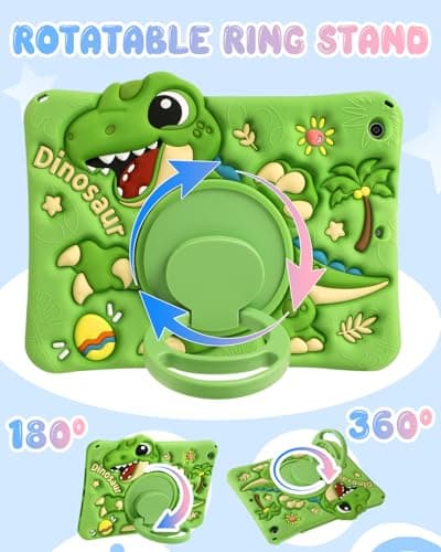 Kokaade for iPad 9th/8th/7th Generation 10.2 Inch Case (2021/2020/2019) - Cute Cartoon Green Dinosaur with Shoulder Strap & Rotating Stand for Boys Girls Teens Soft Silicone — view 3