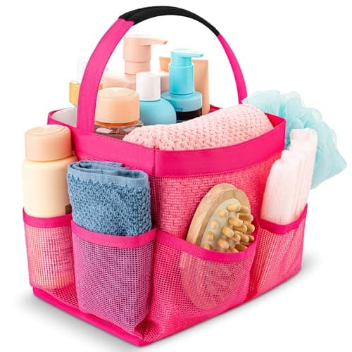 Masirs Shower Caddy Mesh - 9 Pocket Portable Bathroom Organizer Tote for Travel, Gym & Dorm - Collapsible Small Shower Caddy Bag to Hold Toiletries & Essentials (Pink)