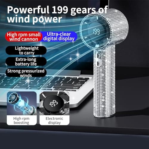 Diamond Portable Fan, Portable Handheld Turbo Fans, 100-Speed Adjustable Mini Turbo Fan, 1800mAh Mini Handheld Fan Rechargeable Quiet Desk with LED Display, For Travel Office Outdoor Gift (Silver) — view 6