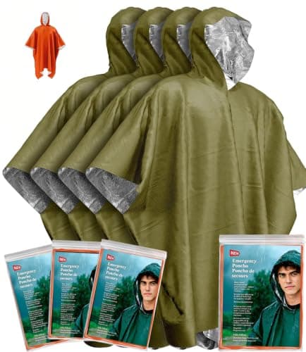 Kanuothbon Emergency Survival Poncho (4pc) Thermal Mylar Foil Coating Blanket for Heat Retention and Rain | Reversible with Hood | Waterproof, Windproof, Portable, Hands-free, Outdoor Kit