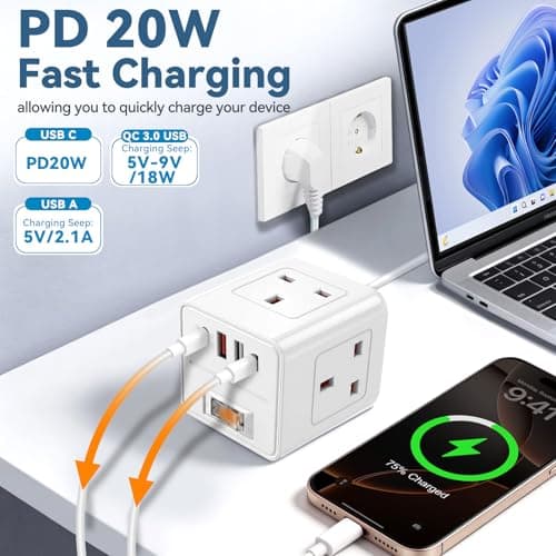 UK to European Plug Adapter,3 Way UK to EU Plug Adaptor with 4 USB — view 4