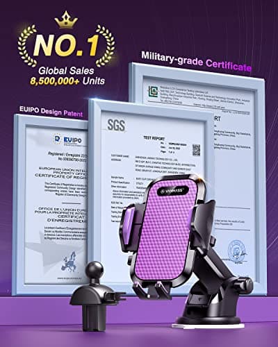 VANMASS Car Phone Holder 2026 BEST【85+lbs Strongest Suction &Vent Clip】True Military-Grade Patent Universal Mobile Vehicle Mount Dashboard Windscreen Van Cradle for 17 Pro Max 16 15 14 Samsung, Purple — view 2