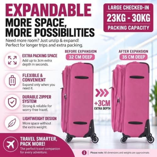 DK Luggage 29" Large Lightweight Suitcase Expandable Soft Shell 4 Wheel Spinner Check in Luggage for 23kg - 30kg (DK108 Pink, 29" Large) — view 3