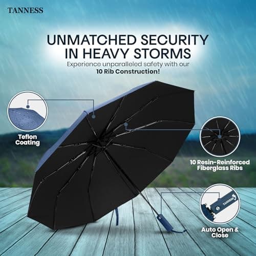 TANNESS Windproof Umbrella – 10-Rib Waterproof & Compact with Automatic Open/Close Function and Ergonomic Handle – Folding Mini - Strong for Wind and Rain (Blue) — view 2