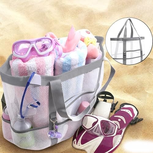 MUNKST Large Mesh Pool Tote Bag,Beach Bags for Women with Zip Waterproof Pocket,Summer Holiday Essentials Family Travel Bag,Reusable Shopping Grocery Shoulder Bag for Picnic Gym School (white) — view 6