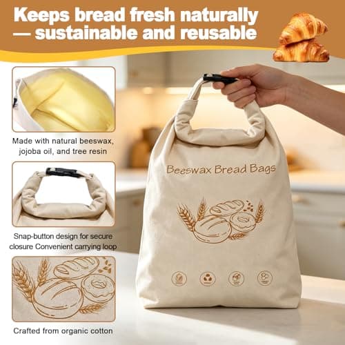 Beeswax Bread Bag for Homemade, Reusable Loaf Beeswax Guard Bag for Sourdough, 17X13 Inch Linen Bees Wax Bread Bags for Keep Fresh, Freezer Safe (Beige 1*button) — view 4