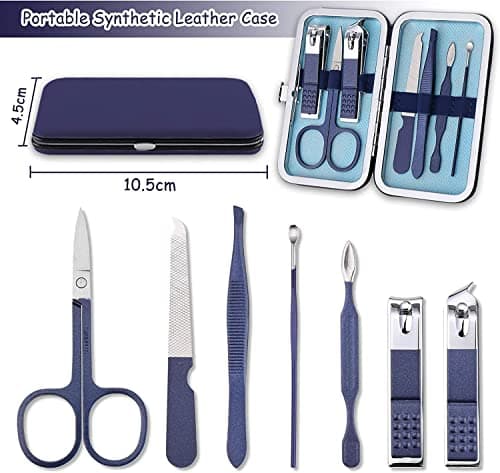 Nail Clipper Manicure Set, 7 In 1 Stainless Steel Professional Pedicure Kit Nail Scissors Grooming Kit with Black PU Leather Case for Travel & Home Use (Blue Leather) — view 2