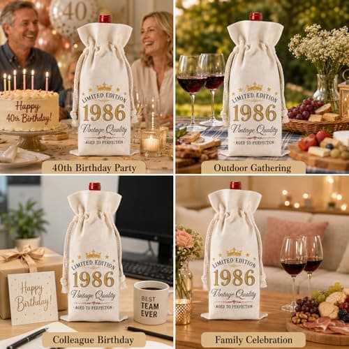 Xenovate 40th Birthday Gifts for Men Women - Wine Bags Gift with Drawstring, Limited Edition 1986 Burlap Bottle Bags Turning 40 Best Friend, Wife, Coworker — view 4