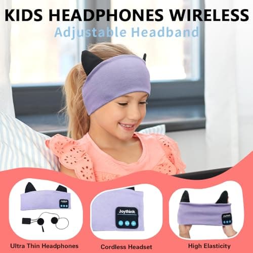 Joythink Kids Bluetooth Headband Headphones Sleep Mask Wireless Earphones Built in Thin Speaker Kids Adjustable Sports Headset for Girls Boys Children Baby Toddler Airplane Travel Study Purple — view 5